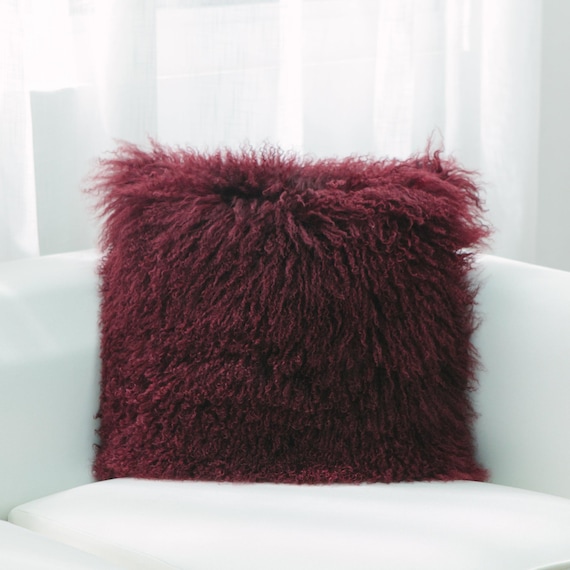 Burgundy Mongolian Lamb Fur With Feather Down Insert Pillow - Main Image