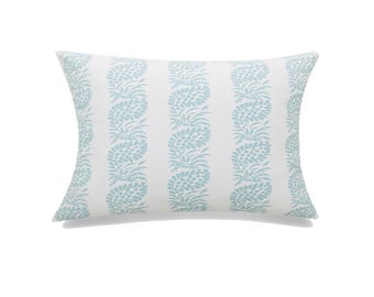 White With Blue Block Print And Feather Down Insert Pillow