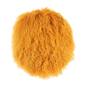 May include: A round, fluffy, mustard yellow throw pillow. The pillow is made of a soft, shaggy material.
