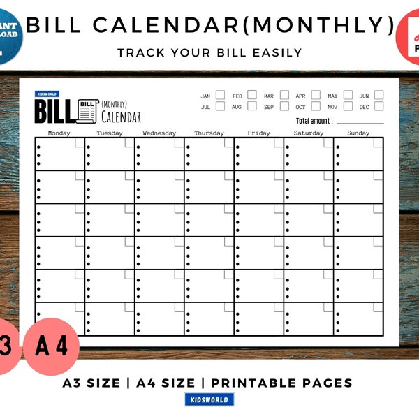 Bill Payments Calendar - Personal Finance Organizing Printables, Financial Binder, Bill Tracker, Expenses, Bill Planner, Bill Reminder, PDF