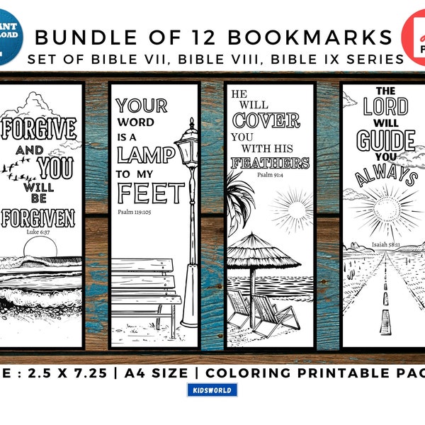 Bundle Of 12 Printable Coloring Bible Bookmarks For All Age. Instant Digital Download. 12 DIY Coloring Bookmarks. Bible Bookmarks Printable.