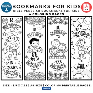 Kids Bible Verse XII Bookmarks, Kids Printable Coloring Bookmarks, Kids 4 DIY Coloring Bookmarks, Christian Bookmarks, Kids Study Tools PDF