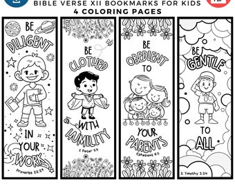 Kids Bible Verse XII Bookmarks, Kids Printable Coloring Bookmarks, Kids 4 DIY Coloring Bookmarks, Christian Bookmarks, Kids Study Tools PDF