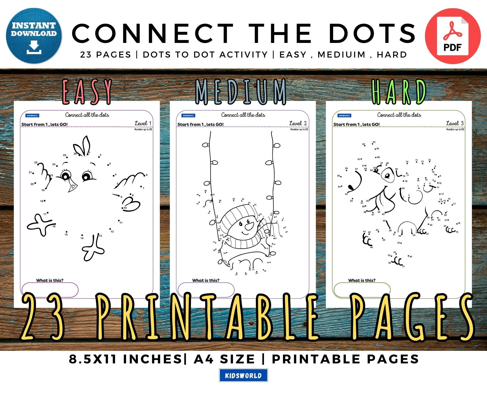 Connect the dots Printable pages (23 pages), Dot to Dot Puzzle Pages, Level 1-3, Connect The Dots, Kids Busy Puzzles, Kids Fun Pages, PDF