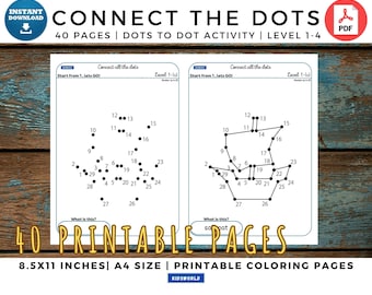 Connect the dots Printable pages for ALL (40 pages), Dot to Dot Puzzle Pages, Level 1-4, Connect The Dots Challenge Printable Pages For ALL