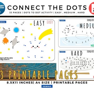 Connect The Dots Printable Pages For Kids, Ages 3-12 , 33 pages, Dot To Dot For Kids , Kids Activities , Kids Busy Activities, Download PDF