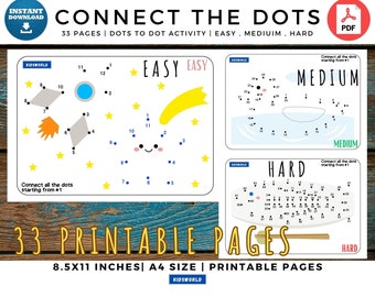 Connect The Dots Printable Pages For Kids, Ages 3-12 , 33 pages, Dot To Dot For Kids , Kids Activities , Kids Busy Activities, Download PDF
