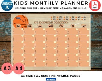 Monthly Planner For Kids, Kids Monthly Planner Printable Pages, Kids Monthly Calendar, Kids DIY Planner, Instant Download PDF, Kids Calendar