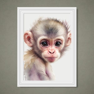 Baby Monkey Printable Wall Art, Watercolour Print, Nursery Decor, Monkey Painting, African Safari, Monkey Poster, Digital Download