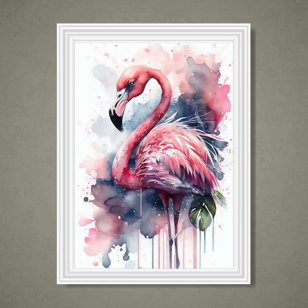 Bright Colourful Pink Flamingo Printable Wall Art, Watercolor Flamingo ...