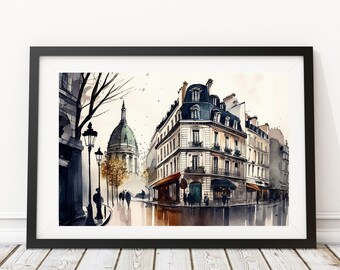 Paris Watercolor Print, France Cityscape, Vintage Travel Poster (Digital Download)