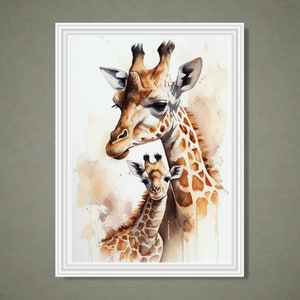 Cute Mom and Baby Giraffe Printable Wall Art, Watercolor Giraffe Print, Nursery Decor, Jungle, Safari, Painting
