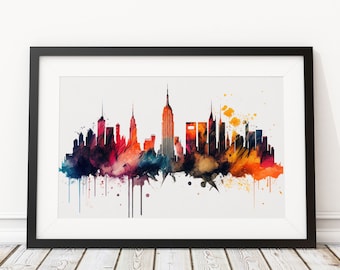 NYC Skyline Watercolor Print, New York City Wall Art (Digital Download)