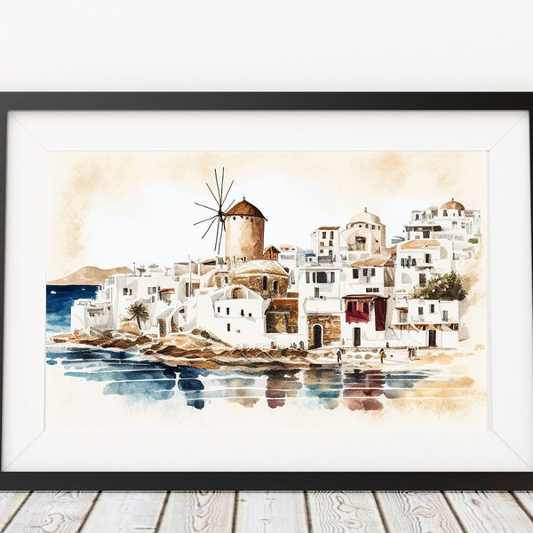 Mykonos Wall Art, Mykonos Digital Print, Greece Wall Art, Watercolour Painting, Travel Poster, Greek Islands Wall Art, Digital Download