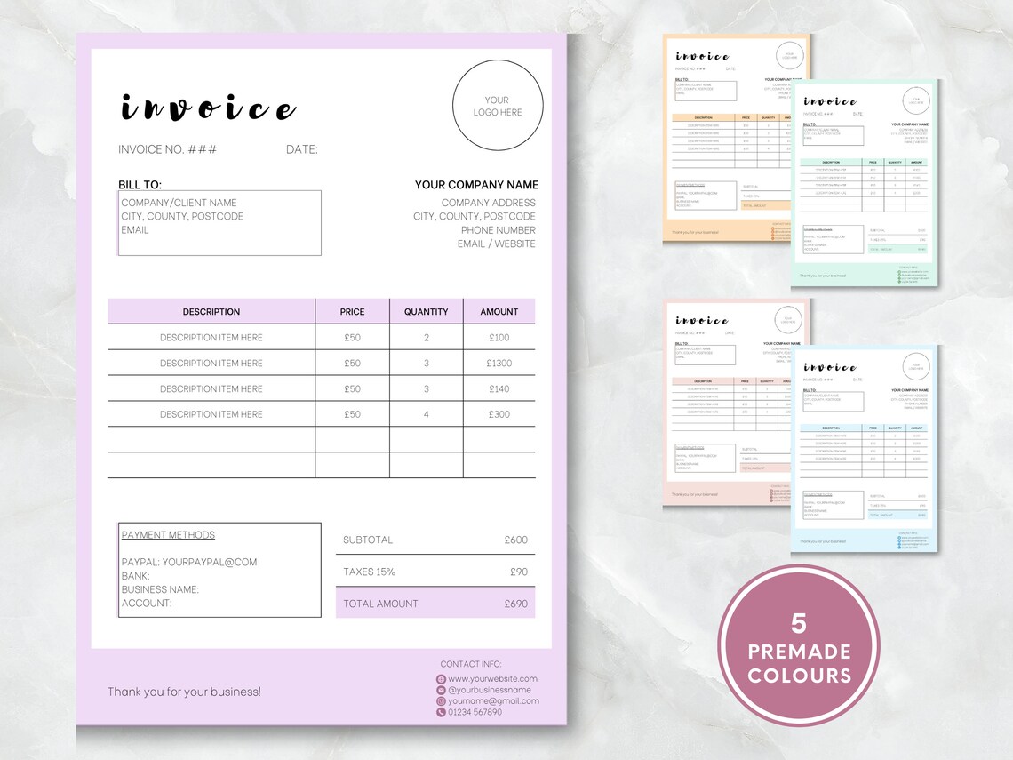 Invoice Editable Template, Printable Order Form Invoice, 5 Premade ...