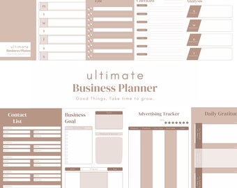 Könnte beinhalten: Ein druckbarer Businessplaner mit Abschnitten für Wochenplan, To-Do-Liste, Wochencheckliste, SWOT-Analyse, Kontaktliste, Geschäftsziele, Werbe-Tracker und tägliche Dankbarkeit. Der Planer hat ein braunes und weißes Farbschema.