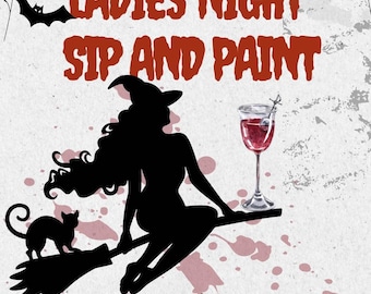 Könnte beinhalten: Einladung zu einer Halloween-Ladies-Night mit Malen und Trinken. Die Einladung zeigt eine schwarze Silhouette einer Hexe, die auf einem Besen reitet, mit einer schwarzen Katze. Der Text lautet "Happy Halloween Ladies Night Sip and Paint" mit dem Datum und der Uhrzeit der Veranstaltung, "October 31, 6PM-9PM". Die Einladung enthält auch den Preis der Tickets, "Tickets 50 € (Open Bar)", und den Veranstaltungsort, "123 Anywhere St., Any City ST 12345".