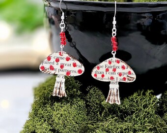 Book Lover Earrings, Mushroom Dangle Upcycled Book Page Earrings, Ready to Ship