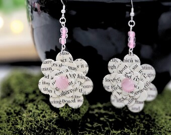 Flower Dangle Upcycled Book Page Earrings, Book Lover Earrings, Mother's Day Gift, Teacher Appreciation, Ready to Ship