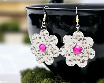 Flower Dangle Book Page Earrings, Upcycled Bookish Jewelry, 1st Anniversary Gift for Wife, Teacher Appreciation, Graduation Gift for Her