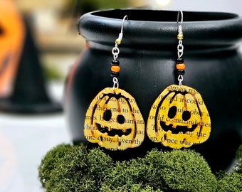 Pumpkin Dangle Book Page Earrings for Book Lover Gift Idea, Teacher Appreciation, Ready to Ship