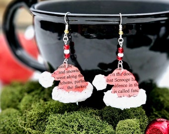 Book Page Santa Hat Dangle Earrings for Book Club Gift Exchange,  Teacher Gift, Book Lover Christmas Stocking Stuffer