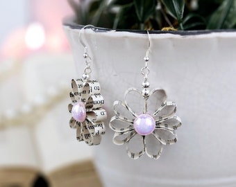 Book Lover Flower Dangle Earrings, Bookish Gift for Friend, Book Club Gift Exchange