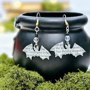 Bat Book Page Earrings for Halloween Gift for Book Lovers, Book Page Earrings, Witchy Gift for Her, Ready to Ship!