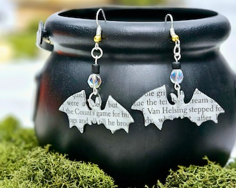 Bat Book Page Earrings for Halloween Gift for Book Lovers, Book Page Earrings, Witchy Gift for Her, Ready to Ship!