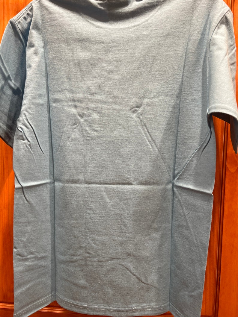 May include: A light blue t-shirt with short sleeves.