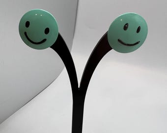 Vintage Smile Face Earrings-Sea Foam Green/Black-Pierced Ears