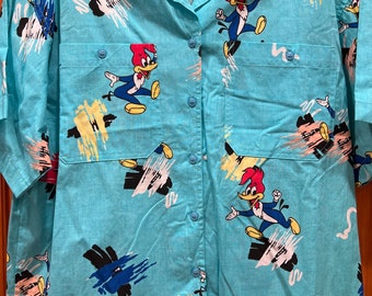 Vintage Woody Woodpecker Button Up Shirt-Aqua-Adult Small