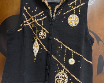 Vintage 90s Westbound Petites Embellished/Leopard Sweater Christmas Vest-Black/Gold/Leopard-Size Petite Small-Removable Leopard Collar