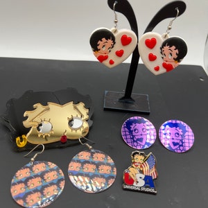 Betty Boop Jewelry-Earrings (3 Pair), Mirrored Large Pin and Patriotic Tie Pin