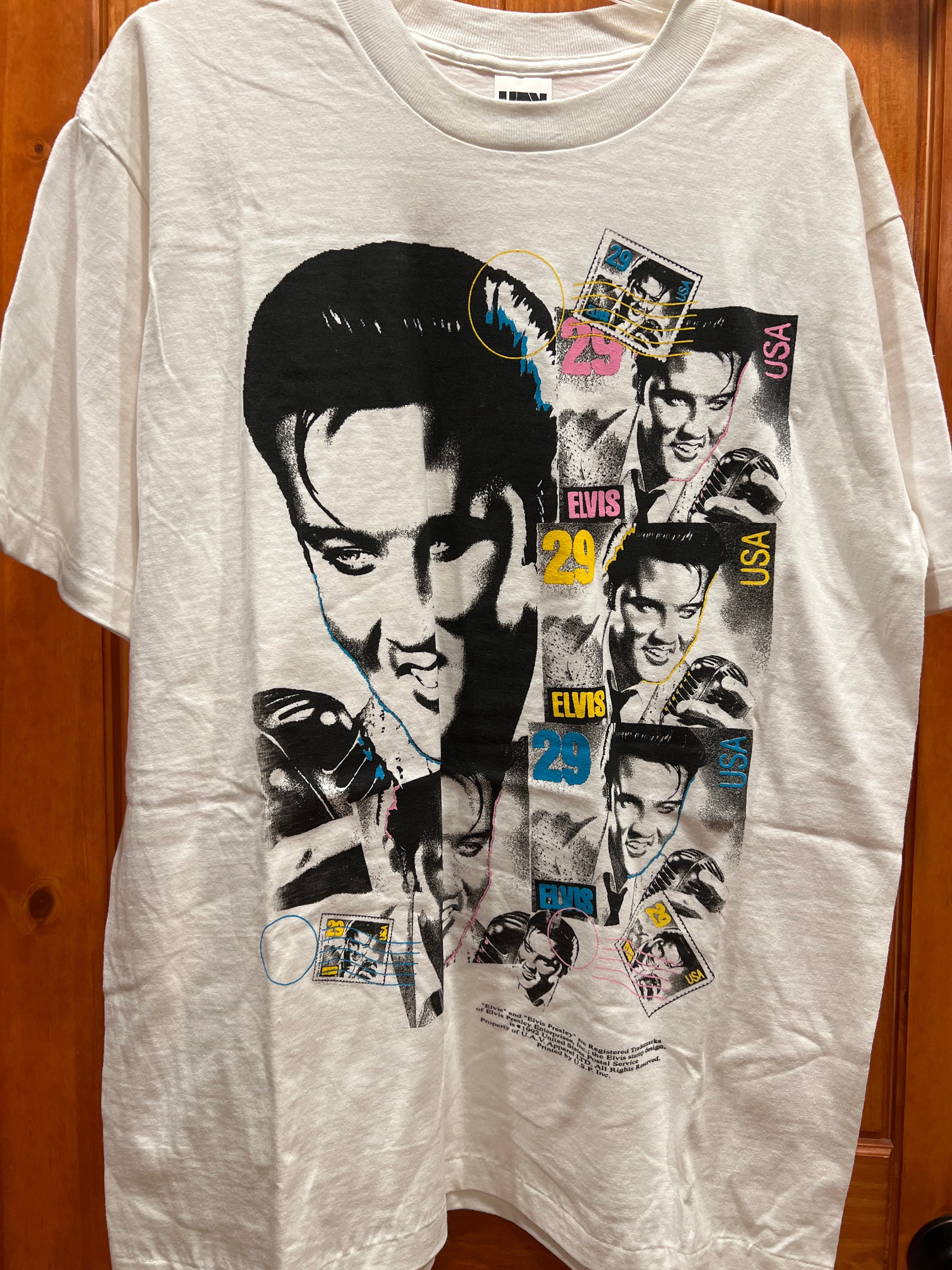 Vintage 1992 Elvis Presley Stamp Design T-shirt-white-adult