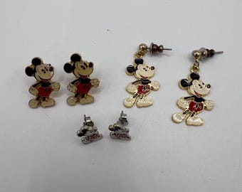 Vintage Gold Tone/Silver Tone Enameled Mickey Mouse Stud Earrings-3 Different Pairs