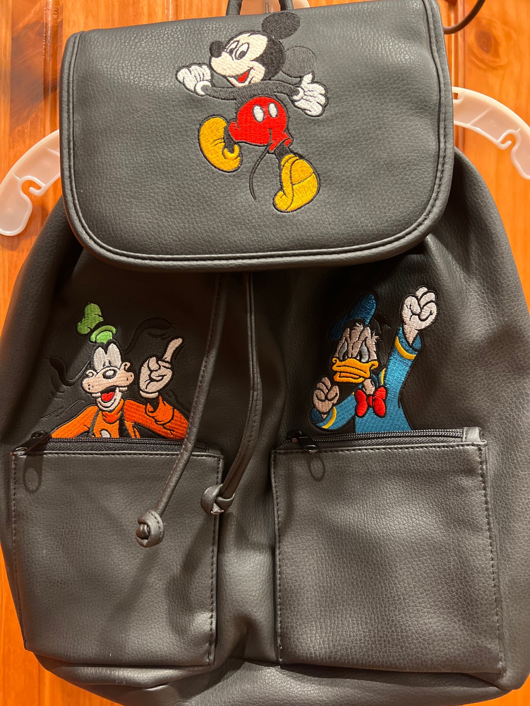 Vintage 90s Disney Backpackblackfaux Leatherembroidered Etsy