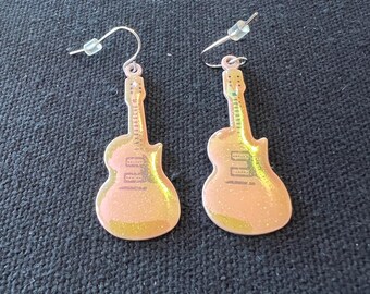 Vintage Iridescent Pink Metal Guitar Earrings
