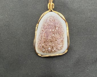 Vintage Lavender Druzy Quartz Geode Gemstone Wrapped in Brass Wire Setting