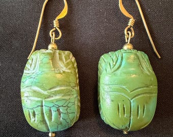 Vintage Turquoise Egyptian Carved Scarab Earrings-Hyrogliphics carved on back