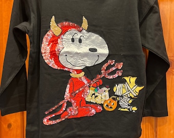 Vintage Marisa Christina Snoopy Dressed as a Devil Applicaid Halloween Top-Black- Adult Petite Small