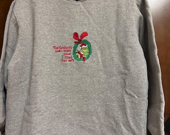 Vintage Dr. Seuss  Embroidered Grinch Christmas Sweatshirt-Gray/Black-Long Sleeves-Size Small