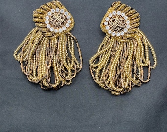 Vintage Beaded Gold & Copper with Rhinstones Circle Earrings