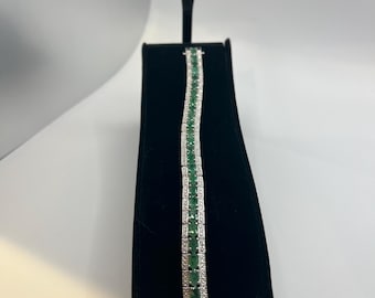 Vintage White Gold on Silver Emerald and Simulated Diamond Tennis Bracelet and Matching Earrings