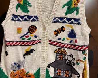 Vintage 80s Jennifer Moore Hand Knitted Fall/Halloween Themed Vest--Small