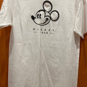 Vintage 90s Disney 3D Rubber Mickey Mouse 1928 Logo T-Shirt-White-Adult Small