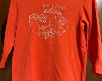 Vintage Hempshire Embellished Cat T-Shirt-Orange/Silver Embellishments-Size Petite Small