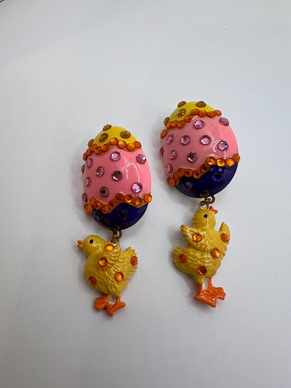 Vintage Easter Earrings-Easter Egg with Chick-Emb… - image 2