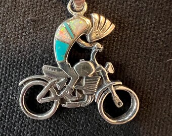 Vintage Native American Sterling Silver and Fire Opal Kopakli on a Motorcycle Pendant