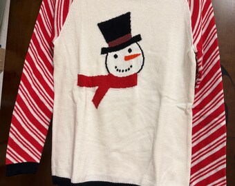 Vintage Nouveaux  Snowman Christmas Sweater-White/Black/Red-Long Candy Cane Sleeves-Small